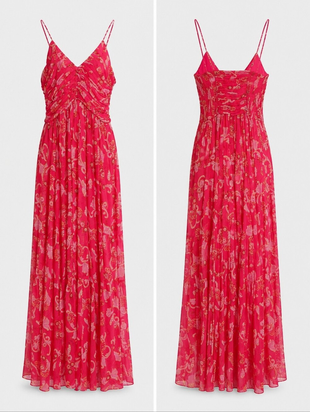A.L.C. Annalise 100% Silk Maxi Dress Size 6 Red Orange Floral Paisley Smocked